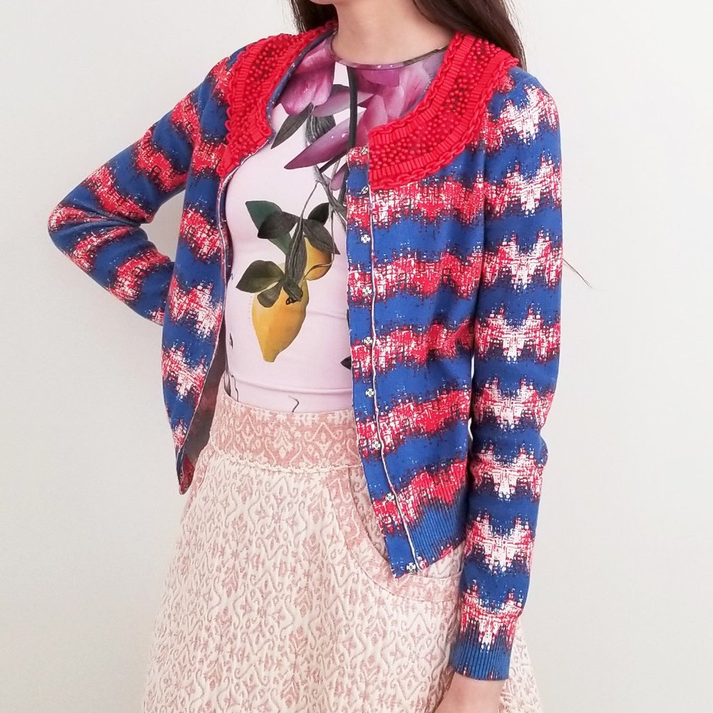 Tracy Reese | Red/Blue Striped Beaded Cardigan